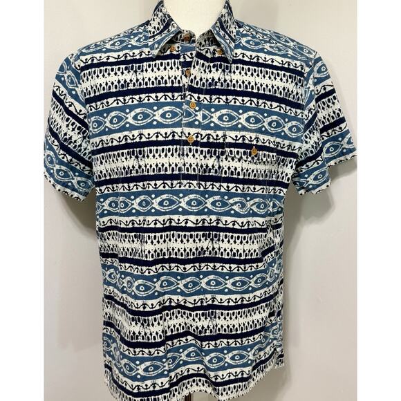 J Crew Button Up Shirt Mens Large Blue Short Sleeve Resort Tribal Vaycay Island - Picture 1 of 4
